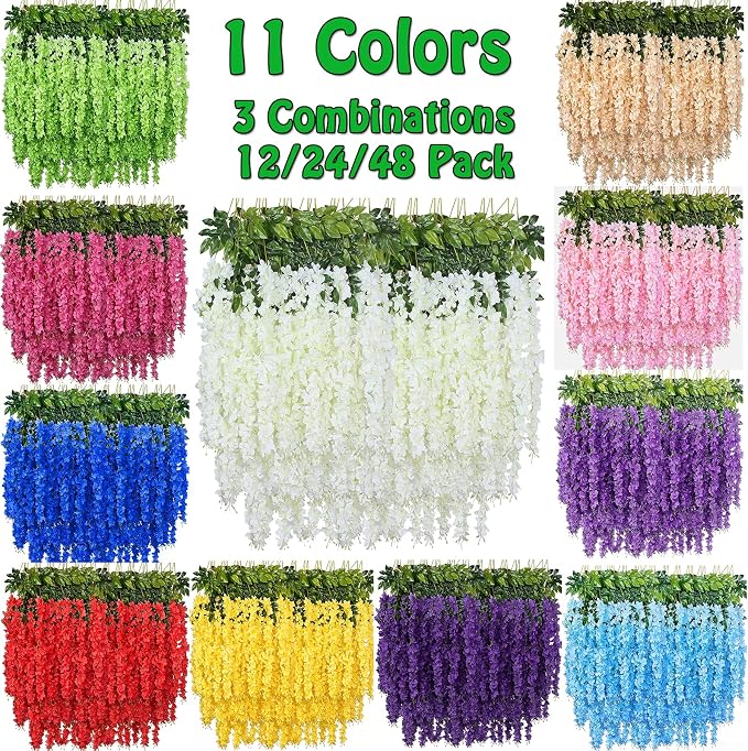 Artificial Wisteria Hanging Flowers Fake Wisteria Flower Garland Silk Vines Rattan Decor for Home Wedding Arch Wall Garden Greenery Bedroom Outdoor Office Party Decoration (12, White)