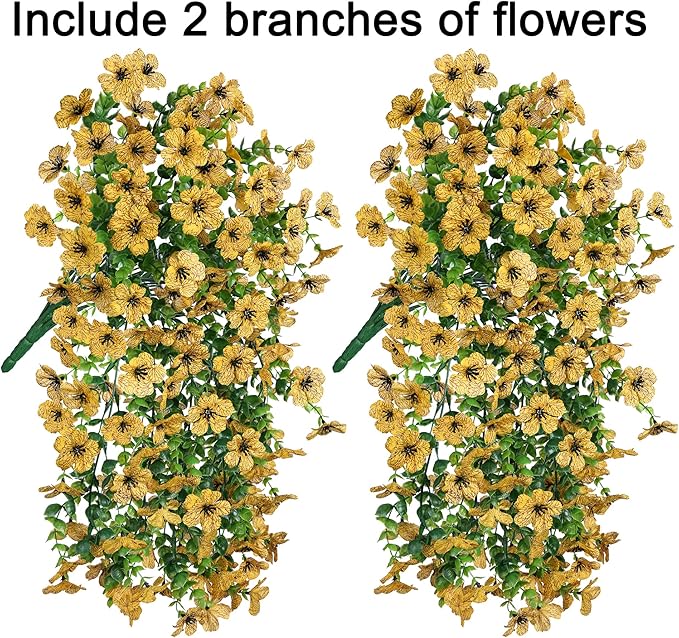 HyeFlora Artificial Hanging Flowers for Outdoors Decoration, 2pcs Fake Daisy with Eucalyptus Leaves for Garden Yard Porch (Yellow)