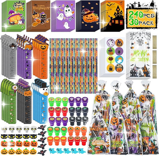30 Pack Halloween Party Favors Stationery Set for Kids Classroom, 240+ piece Halloween Goodie Bags Fillers Bulk for Trick or Treat Gift with Pencil, Eraser, Notebooks, Stamper, Rulers, Sticker..
