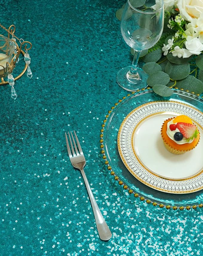 Eternal Beauty Teal Tablecloth, 90x156 Inch Sequin Rectangle Table Cover for Cake Dessert Exhibition Party Birthday Events