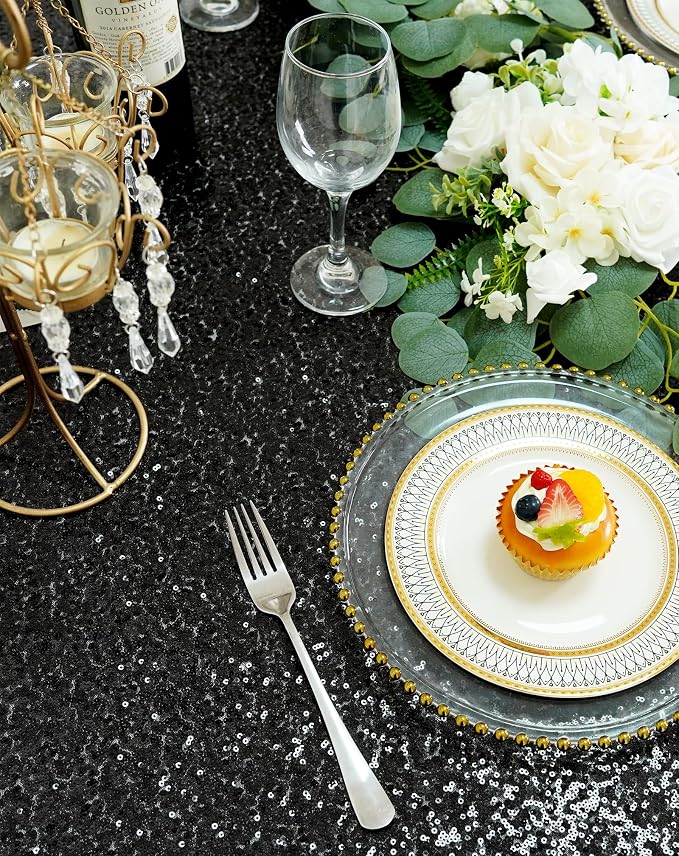 Eternal Beauty Black Tablecloth, 120 Inch Round Sequin Tablecloth for Party Cake Dessert Table Exhibition Events