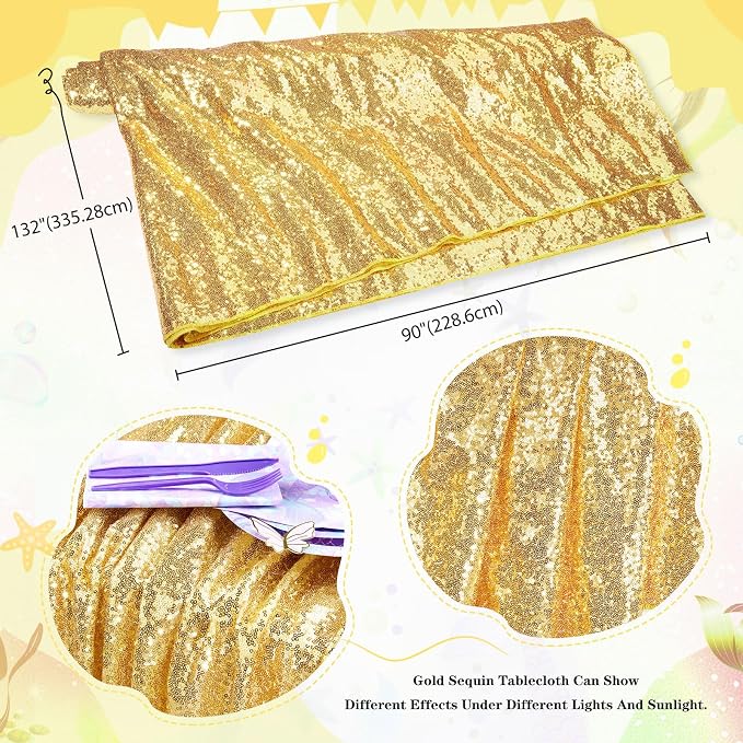 MoKoHouse Sequin Tablecloth Rectangular 90x132 Inch Gold Table Cloth Seamless Glitter Fabric for Home Party Wedding Decor Christmas Decorations