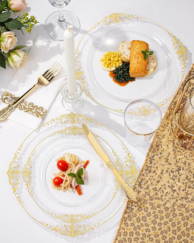 Nervure 100PCS Clear and Gold Plastic Plates - 10.25Inch Gold Disposable Plates - Heavyweight Dinner Plate for Wedding & Party