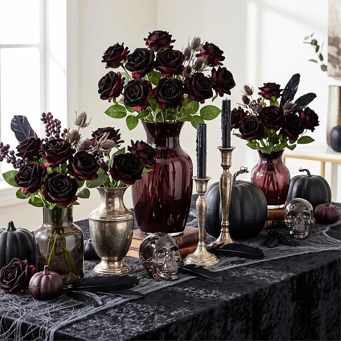 Auihiay 60PCS Artificial Roses, Black Magic Roses, Velvet Silk Roses, Realistic Artificial Flowers for Gothic Wedding Centerpieces, Anniversary, Valentine's Day & Halloween Home Decor