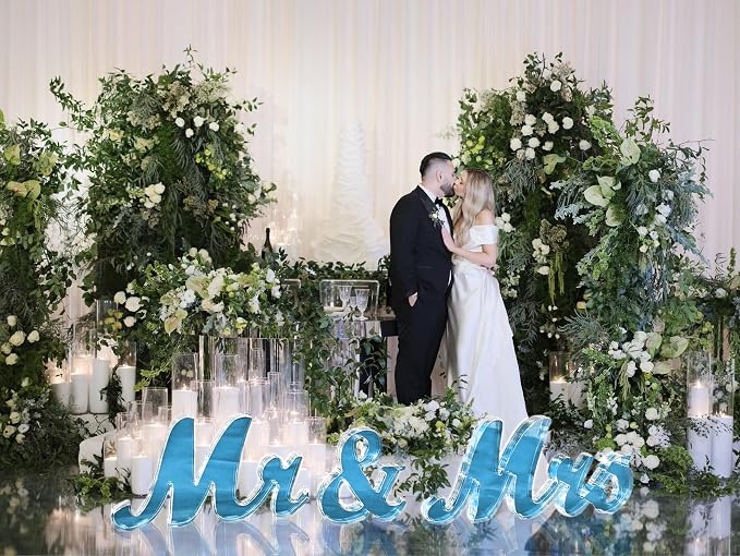 Mr & Mrs Sign for Wedding Table Decor,Large Acrylic Mr and Miss Sign,Photo Props, Freestanding Wedding Centerpiece Table Letters Wedding Decorations for Anniversary,Engagement,Party (Translucent Blue, 0.78'')
