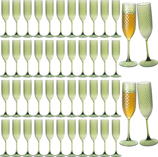 48 Pack Green Plastic Champagne Flutes Mimosa Unbreakable Champagne Glasses Wedding Toasting Glasses 5.5 OZ Reusable Diamond Glasses Wine Cups Vintage Drinking Glasses for Wedding,Christmas,Party