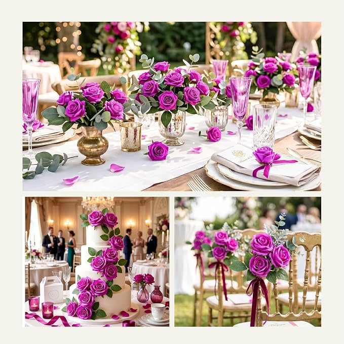 Auihiay 60PCS Artificial Roses, Magenta Roses, Velvet Silk Roses, Realistic Artificial Flowers for Valentine's Day Gift, Wedding Centerpieces & Romantic Home Floral Decor