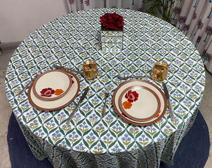 Ridhi Round Tablecloth Hand Block Print 100% Cotton Reusable Sea Green 110 Inch Table Cover Decorative Everyday Use for Dining, Home, Party, Wedding, Farmhouse, Party Gift for Spring, Mother's Day