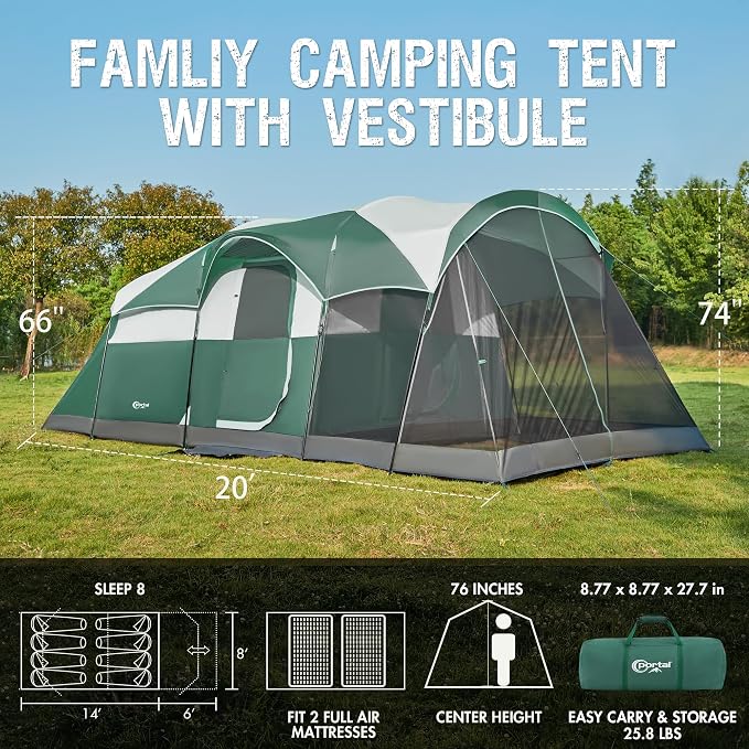 PORTAL 6/8/10 Person Family Camping Tent with Screen Room, Water Resistant Big Tunnel Tents with Rainfly, Large Family Tent for Camping, Outdoor, Patio