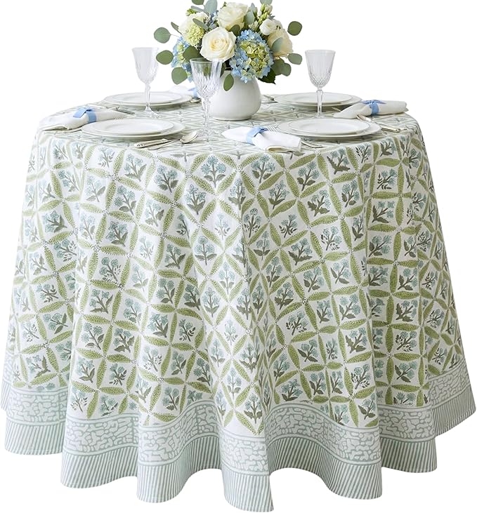 ATOSII Netta Green 100% Cotton Round Boho Fall Tablecloth, Handblock Floral Table Cloth Linen for Kitchen Dining I Parties Weddings Outdoors Picnics Easter Mothers Day I 60" Inches Round I 4 Seater