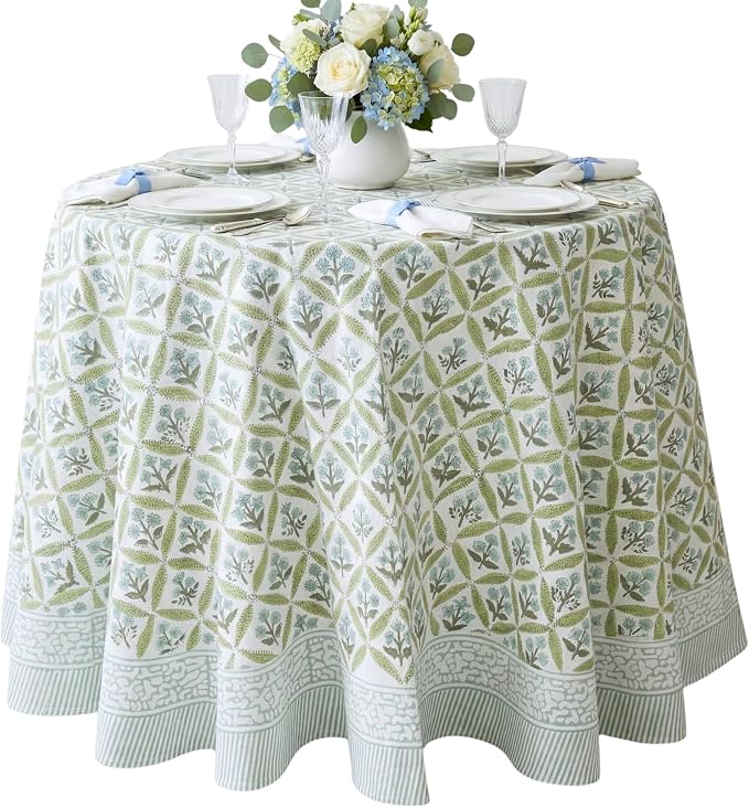 ATOSII Netta Green 100% Cotton Round Boho Fall Tablecloth, Handblock Floral Table Cloth Linen for Kitchen Dining I Parties Weddings Outdoors Picnics Easter Mothers Day I 72" Inches Round I 4 Seater