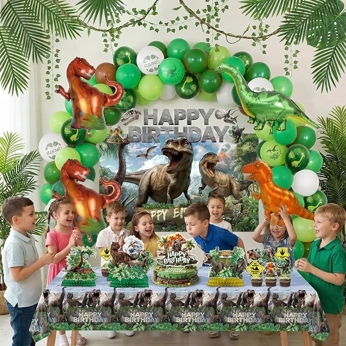 Dinosaur Birthday Decorations Dino Wrold Party Decorations Set Included Dino Balloons, Tablecloth, Backdrop, Cake Cupcake Toppers, Banner, Honeycomb Dinosaur Party Supplies for Kids Birthday Decor