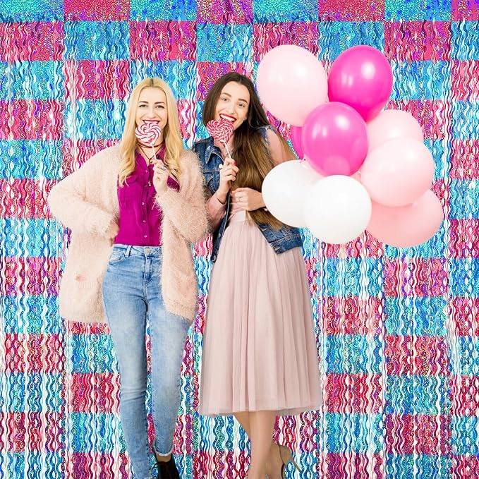GOER Metallic Tinsel Foil Fringe Curtains Party Photo Backdrop Party Streamers for Birthday,Graduation,Gender Reveal Photo Backdrop Wedding Decor (2 Packs,Pink&Blue)