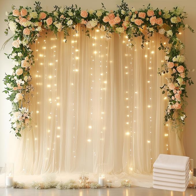 Fomcet Tulle Backdrop Curtains Champagne 30FT X 10FT Tulle Curtain with Lights String Sheer Backdrop Curtains for Parties Wedding Baby Shower Photo Shoot Decorations (6 Panels 5x10FT)