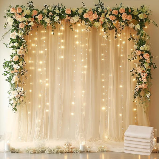 Fomcet Tulle Backdrop Curtains Champagne 30FT X 10FT Tulle Curtain with Lights String Sheer Backdrop Curtains for Parties Wedding Baby Shower Photo Shoot Decorations (6 Panels 5x10FT)