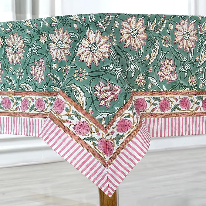 Ridhi Viridian Green Hand Block Print Cotton Rectangle Tablecloth 108" x 70" inches Reusable Table Cover Decorative Everyday Use for Dining Room, Farmhouse, Home Gift for Spring, Mother's Day