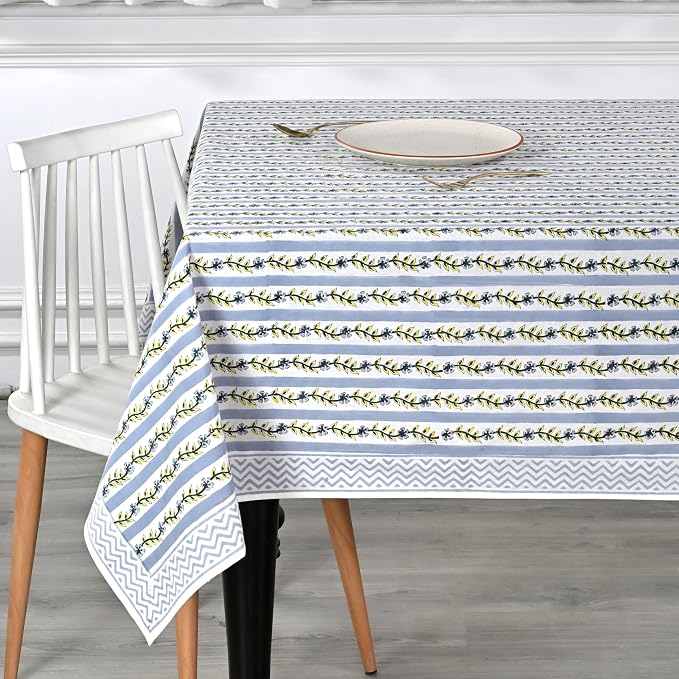 Ridhi Blue Meadow Vine Block Print Cotton Rectangle Tablecloth 120" x 80" inches Table Cover Decorative Everyday Use for Dining Room, Farmhouse, Home Gift for Spring, Mother's Day