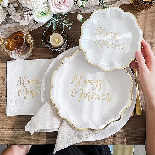 Kate Aspen Always & Forever Wedding Paper Plates and Napkins Set - 72 Piece Wedding Plates Disposable Party Tableware for 24 Guests - Bridal Shower Decorations, Engagement Party Decor