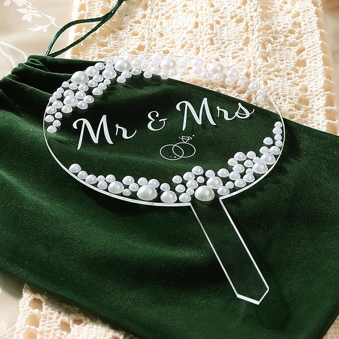 Coucoland Mr and Mrs Cake Topper - Round Acrylic Wedding Cake Decor with Elegant Pearls for Engagement Bridal Anniversary