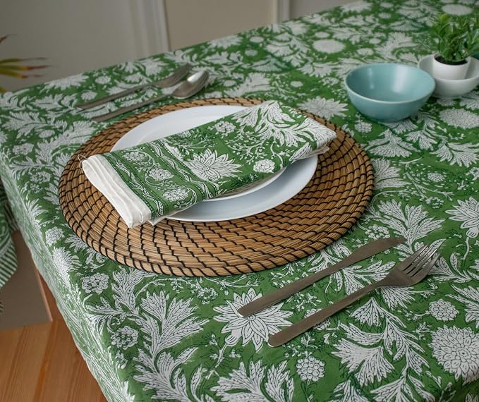 Block Print Table Cloth- Green 60x90 Inch Rectangle 100% Cotton Handmade Pre-Shrink, Washable for Spring, Kitchen & Dining Perfect for Chirstmas, Patio, Indoor & Outdoor, Farmhouse
