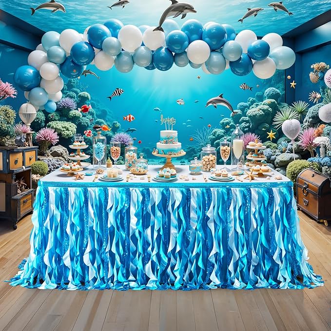 Wish Care 6ft Blue Sequin Table Skirt for Rectangle Tables Curly Willow Ocean Tutu Skirt Under The Sea Baby Shark Ruffle Table Cloth Desk Skirts for Birthday Baby Shower Theme Party Table Decorations