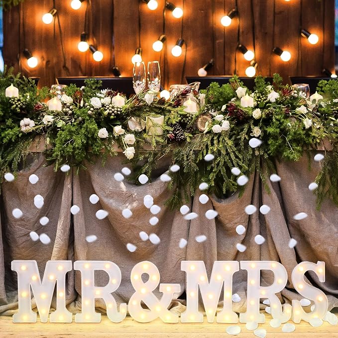 6 Pcs Mr and Mrs LED Light up Sign 8.4 in, 12 Flameless LED Candles 300 Artificial Rose Petals Neon Mr and Mrs Sign for Wedding Table Heart Romantic Candles Light up Letters for Romantic Decor(White)