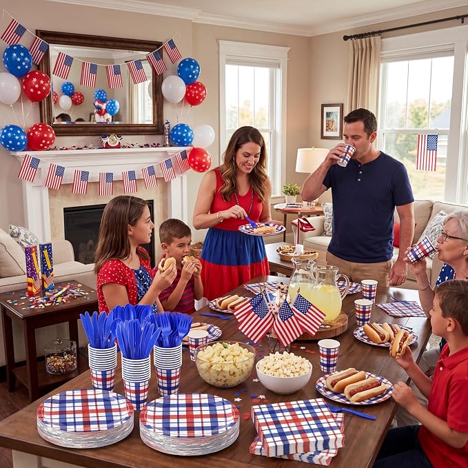 Shellwei 350 Pcs 50 Guests 4th of July Patriotic Tableware Set Red White Blue Buffalo Plaid Disposable Paper Plates, Napkins, Cups & Plastic Utensils for Independence Memorial Day Party Decorations