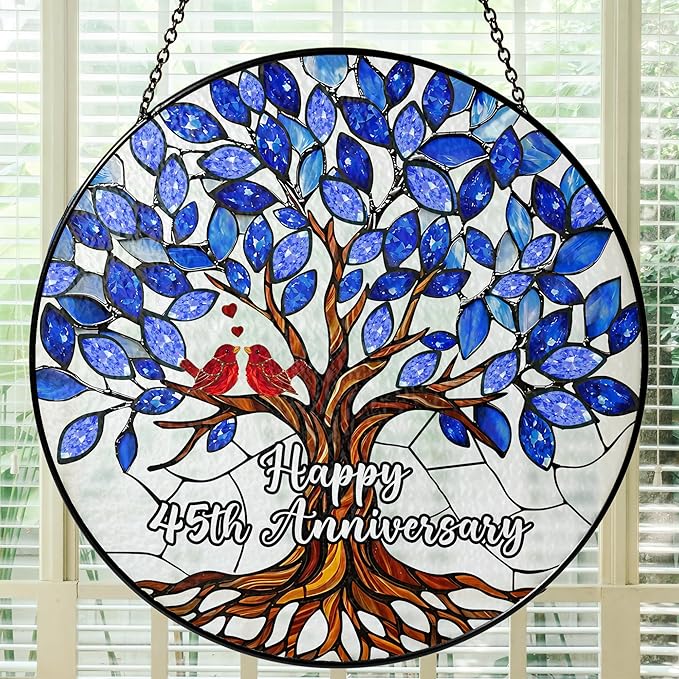45th Wedding Anniversary Stained Glass Suncatcher, 6x6' Anniversary Decorations, 45th Celebration Marriage Gifts for Parents, Couple, Wife & Husband, 45 Wedding Milestone Keepsake