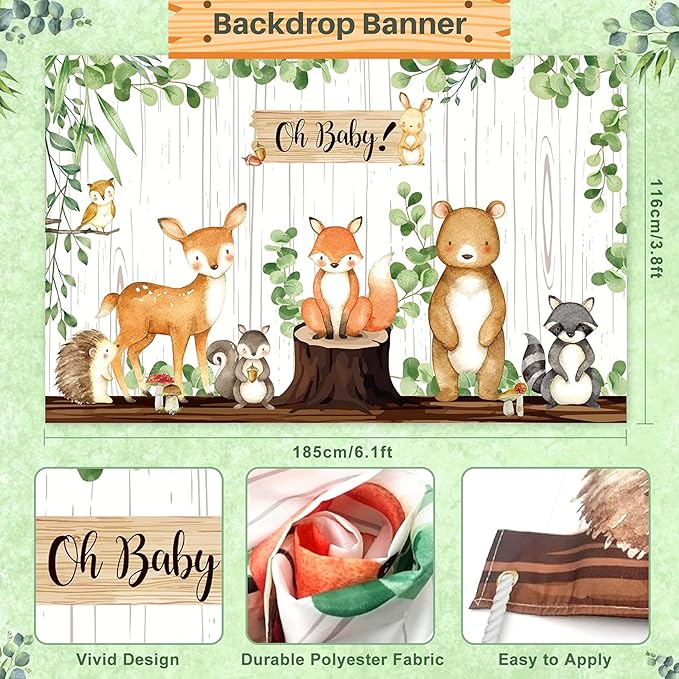 MEGA 257 Pc Woodland Baby Shower Decorations Boy & Girl Kit, Forest Animal Theme, Gender Neutral Baby Shower Decor, BABY boxes, Backdrop, Banner, Balloon Garland, Tablecloth, Plates Cups -20 Guests