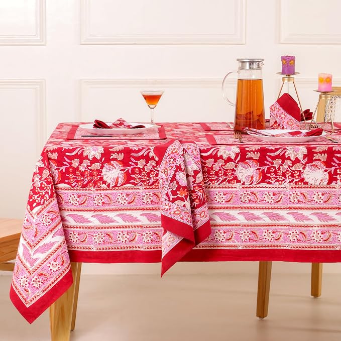 Hand Block Printed Tablecloth, Colorful Floral Print, Indian Artisan Handmade Art, Dining Room, Kitchen, Outdoor Décor, (Cherry Red, 14 Seater 72 x 160 Inches Rectangle)