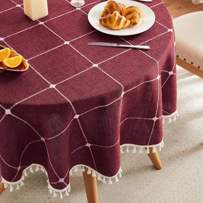 ZeeMart Boho Grid Table Cloth with Tassels (Burgundy, 60" Round), Heavy Weight Linen Checked Embroidered Farmhouse Tablecloth, Water Resistant Round Red Tablecloths