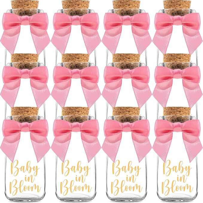 Ethisa Vintage 12 Pack Baby in Bloom Milk Glass Bottles with Ribbons and Stickers - Classy Baby Shower Favors for Guests and Table Centerpieces - Dusty Pink Floral Decorations and Candy Jar Keepsakes