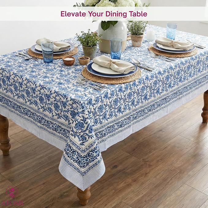 ATOSII Midnight Bloom 100% Cotton Fall Tablecloth, Handblock Print Blue Rectangle Table Cloth for Kitchen Dining Table Linen I Parties Wedding Outdoor Decor 60 X 90 Inches