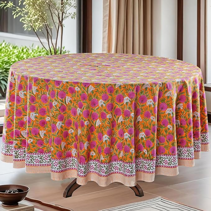 Ridhi Round Tablecloth Hand Block Print 100% Cotton Reusable Bubblegum Pink 110 Inch Table Cover Decorative Everyday Use for Dining, Home, Party, Wedding, Farmhouse Gift for Spring, Mother's Day