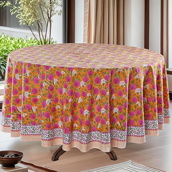 Ridhi Round Tablecloth Hand Block Print 100% Cotton Reusable Bubblegum Pink 90 Inch Table Cover Decorative Everyday Use for Dining, Home, Party, Wedding, Farmhouse, Party Gift for Spring, Mother's Day