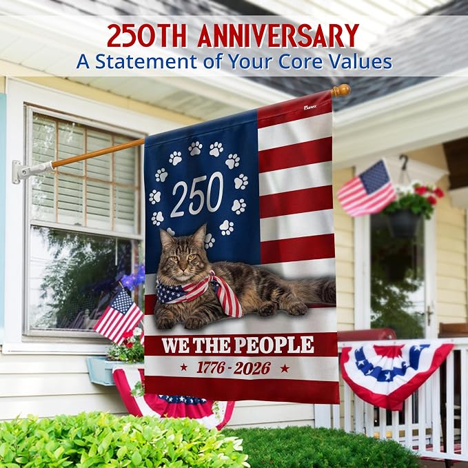 FLAGWIX American 250 Years Anniversary Cat Flag - Polyester Double-sided House Flags For Outside (29.5" x 39.5") - 4th of July Decorations for Home Yard Garden Decor Banner, Gifts For Men Women