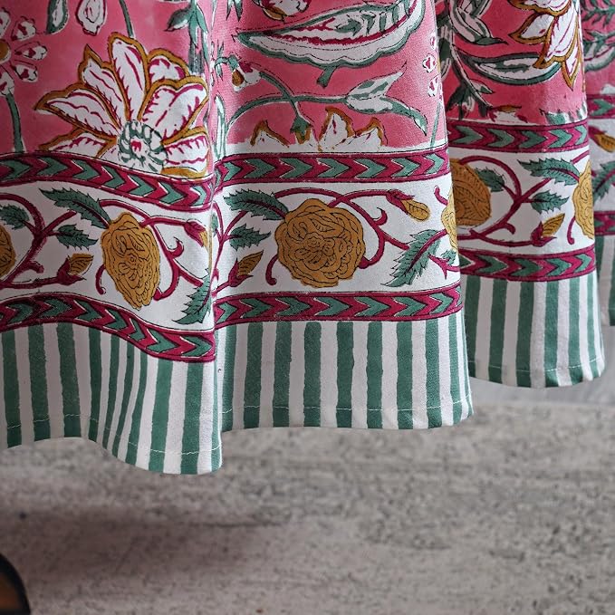 Ridhi Round Tablecloth Hand Block Print 100% Cotton Reusable Candy Pink 132 Inch Table Cover Decorative Everyday Use for Dining, Home, Party, Wedding, Farmhouse, Party Gift for Spring, Mother's Day