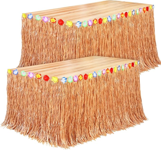 Fovths 2 Pack Luau Grass Table Skirt Natural 9 Feet x 29.5 Inch Hawaiian Table Skirt for Tropical Hawaiian Party Decorations Luau Party Costume, Reddish Golden Brown