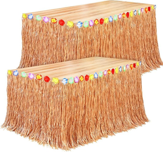 Fovths 2 Pack Luau Grass Table Skirt Natural 9 Feet x 29.5 Inch Hawaiian Table Skirt for Tropical Hawaiian Party Decorations Luau Party Costume, Reddish Golden Brown
