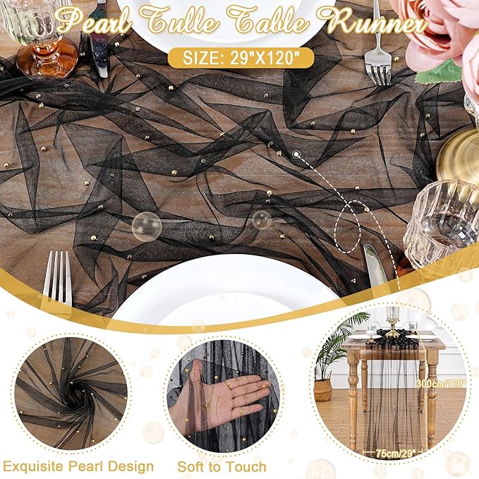 Pearl Gauze Tulle Table Runner: Black 120 Inch 10FT Seasonal Sheer Dining Holiday Wedding Birthday Baby Shower Table Decor for Home Party Indoor Outdoor