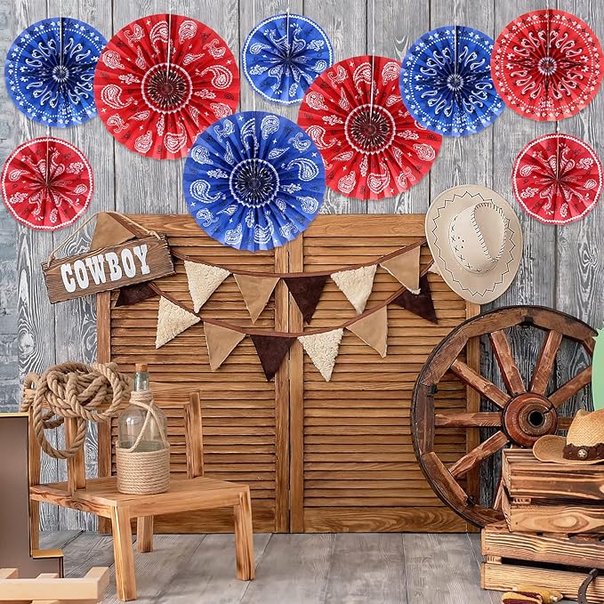 Outus 27 Pcs Western Party Decorations Paper Fans Wild West Bandana Hanging Paper Fans Ceiling Wall Garland for Western Cowboy Themed Party Decorations (Red/Blue)