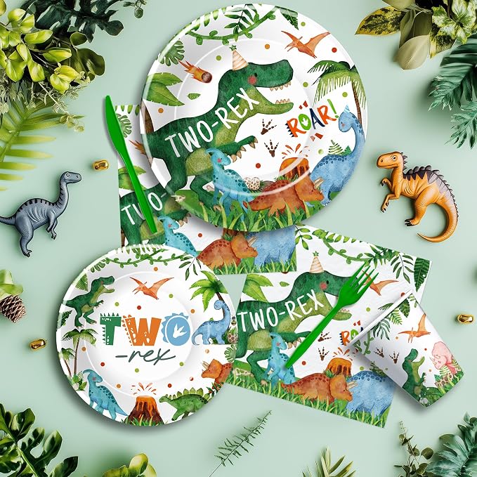 Srua Don Dinosaur 2nd Birthday Party Supplies For Boy, Dino Two Rex Birthday Decorations, Disposable Paper Plates, Cups, Napkins, Tablecloth, Cutlery, Swirls, Banner, Serves 24