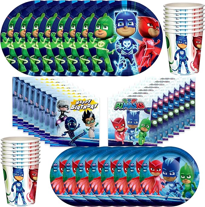 Treasures Gifted Officially Licensed PJ Masks Birthday Decorations - Serves 16 Guests - Dinnerware Classic Set - PJ Masks Party Supplies - Plates, Napkins & Cups Set