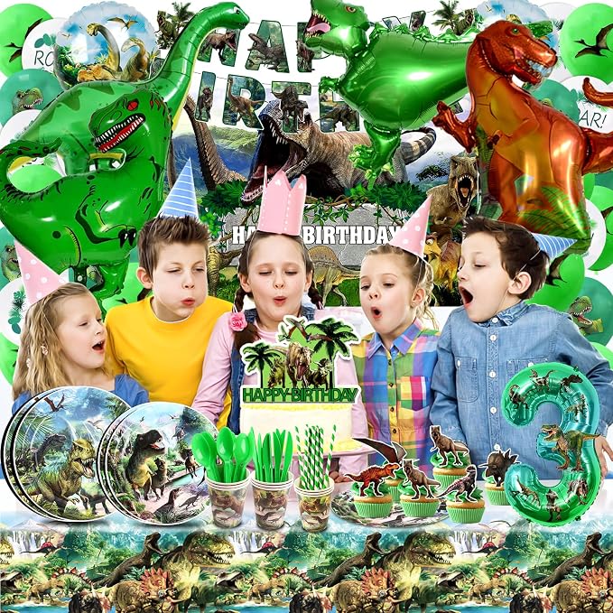 Dinosaur Birthday Decorations, Dino Birthday Party Supplies&Decorations 3 Year Old,Dinosaur Theme Party Set Include Banner Tablecloth Balloons Cake Toppers Plate Napkin for Kids Party