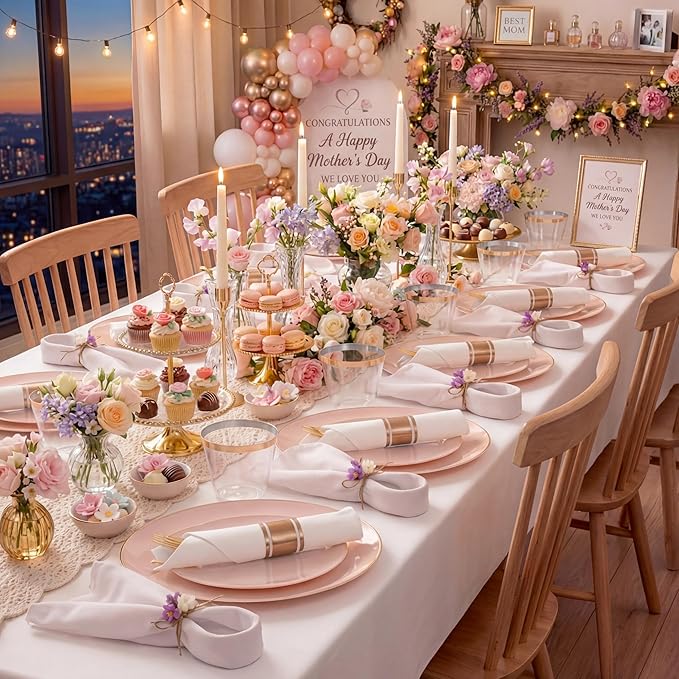 KIRE 175PCS Pink Plates Disposable - Heavy Duty Pink and Gold Plastic Plates Dinnerware Sets - 25 for Dinner 25 for Dessert 25 Pre Rolled Napkins 25Cups for Spring/Wedding/Mother's Day/Baby Shower