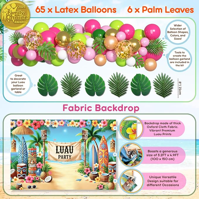 180 Pc Luau Party Decorations Set – Hawaiian Birthday Party Decorations | 2025 Family Choice Award winner – backdrop, balloons, tiki boxes, table skirt, toppers, umbrellas, straws, signs & much more