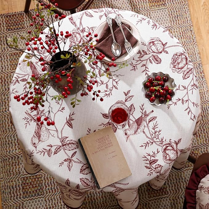 ISAENNE Designer French Linen Round Tablecloth,Diameter 67"-Harmony | Vintage Elegant Beautiful Decoration Table Cloth,Red Floral and Bird Pattern,Heavy,Dining,Tea Party,Kitchen,Thanksgiving