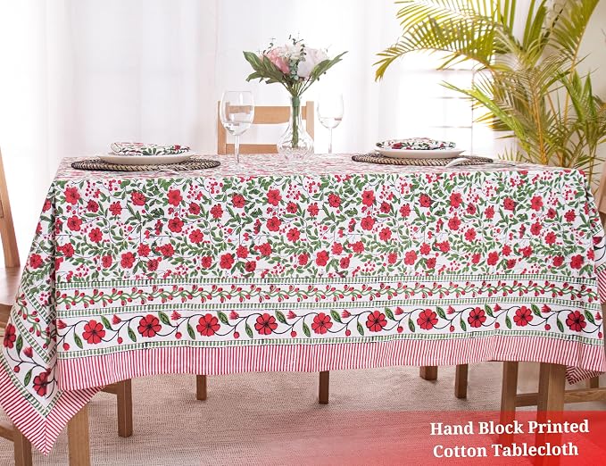 Block Print Table Cloth- 54x108 Inch Rectangle 100% Cotton Handmade Pre-Shrink, Washable for Spring, Kitchen & Dining Perfect for Patio, Indoor & Outdoor, Farmhouse