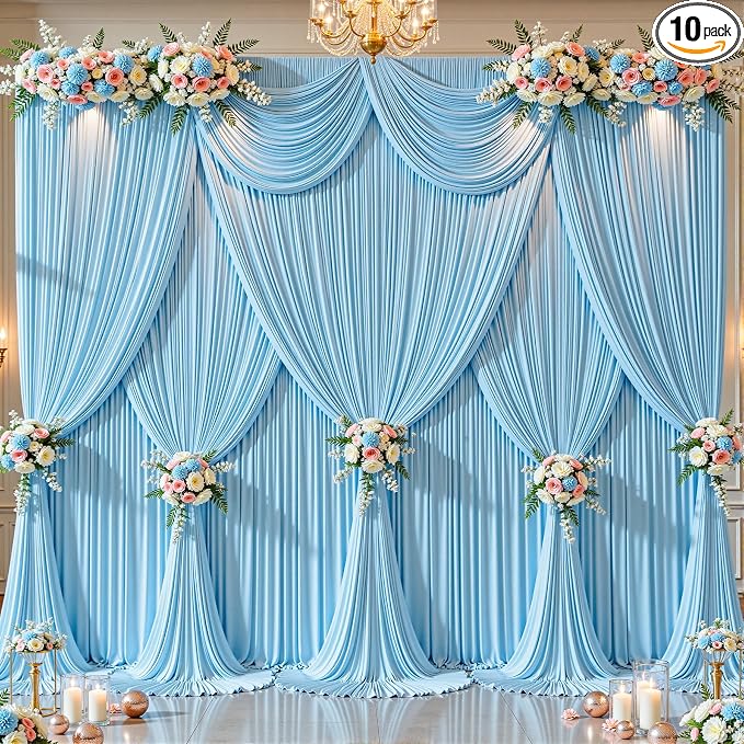 10 Panels Baby Blue Backdrop Curtains - Wrinkle Free Fabric Backdrop Curtain for Photoshoot, 10FT Wedding Party Photo Backdrop Drapes for Birthday Baby Shower Photography Stage Background Decorations