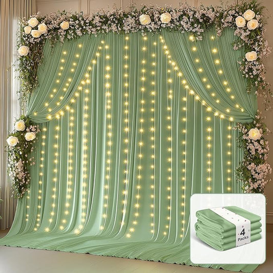 20 x 10ft Sage Green Backdrop Curtains with Lights String for Wedding Polyester Photo Backdrop Drapes Wrinkle Free Curtains Backdrop for Birthday Parties Reception Baby Shower Ceremony-5 x 10ft x 4P